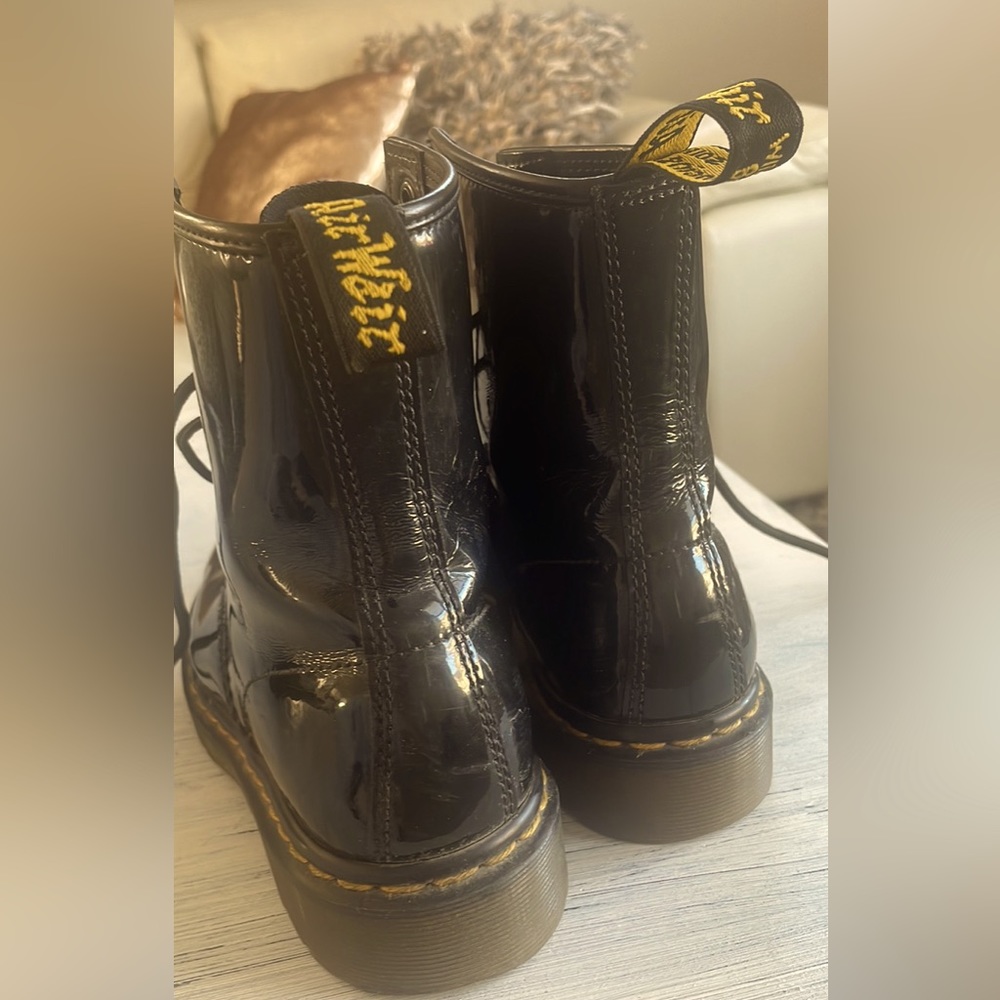 Dr. Martens Black Combat Moto Boots with Iconic Yellow Stitching